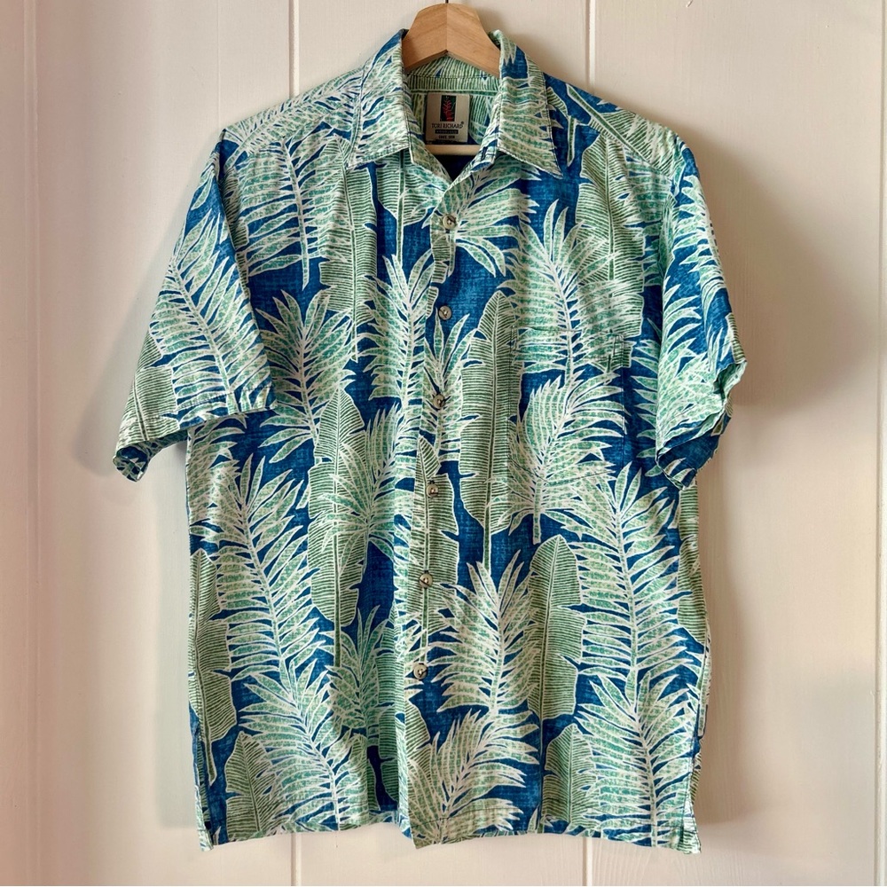 Tori Richard Blue and Green Leaf Print Men's Shirt sz M